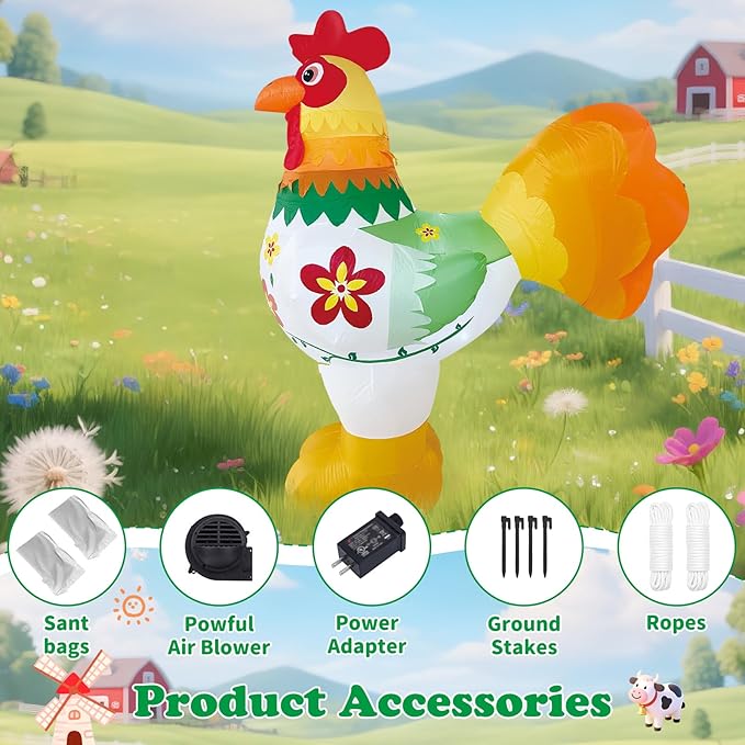 6FT Christmas Spring Farm Ranch Rooster Inflatables Blow up Cute Animals Decorations with LED Light Outdoor Indoor Graden Yard Party Lawn Holiday Decor