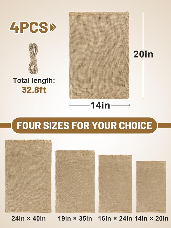 ANPHSIN 4Pcs Breathable Natural Burlap Bags - 14"x20" Reusable Thicken Jute Potato Onion Food Storage Sacks with Rope