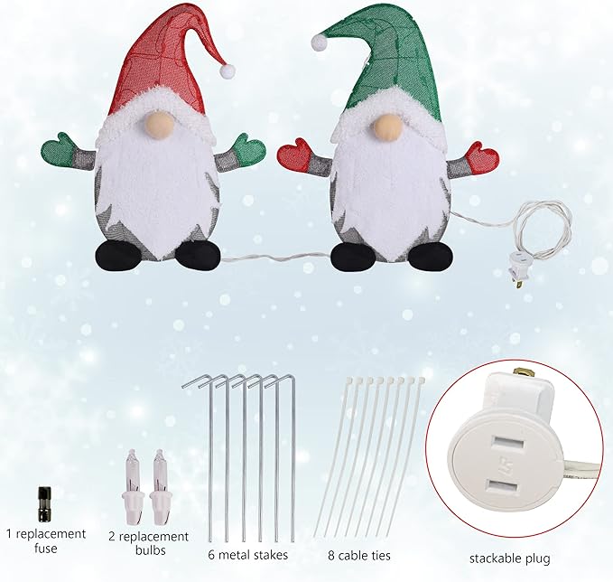 WATERGLIDE Set of 2 Lighted Christmas Tinsel Gnomes Decorations, 24 Inch Pre-Lit Light Up 2D Stacked Gnome with Incandescent Lights, Indoor Outdoor Festive Xmas Holiday Garden Yard Lawn Decor