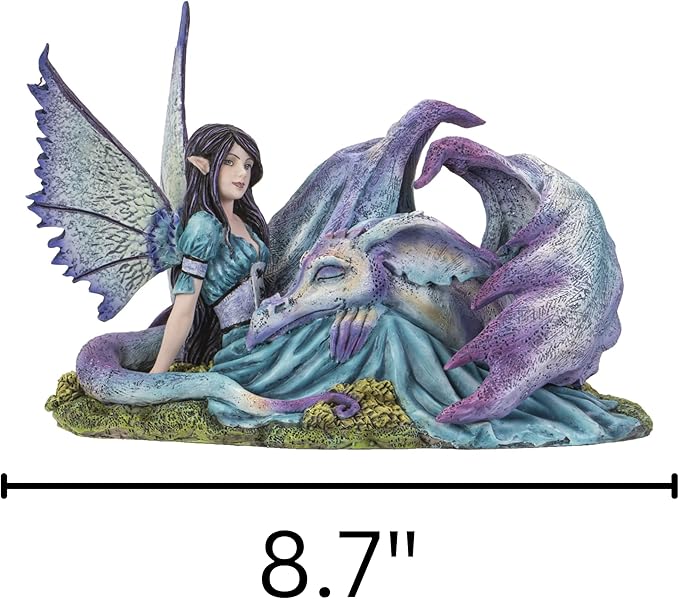 Pacific Giftware Cold Cast Resin Fairy and Lying Sleeping Dragon Figurine, Indoor and Outdoor Unique Decor for Living Room, Porch, & More, 8.7 Inches