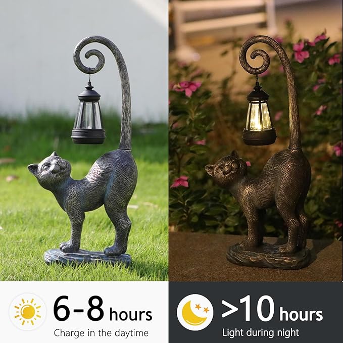 Outdoor Christmas Decorations Gifts Cat Garden Statues with Solar Lights, Fall Home Decor Cat Figurines for Lawn,Patio,Balcony,Porch,Yard Art Ornament- Birthday Gifts for Women Grandma Sister