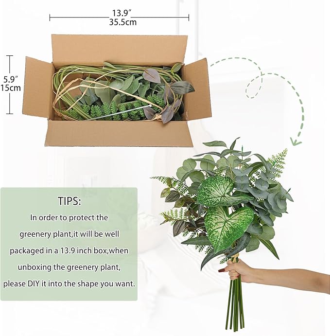 Artificial Greenery Stems Box Set, 5 Kinds Mixed Eucalyptus Leaves Silver Dollar Fern Monstera Leaf Faux Plants Bulk for DIY Bouquets Wedding Floral Arrangements Table Centerpieces Vase Decor