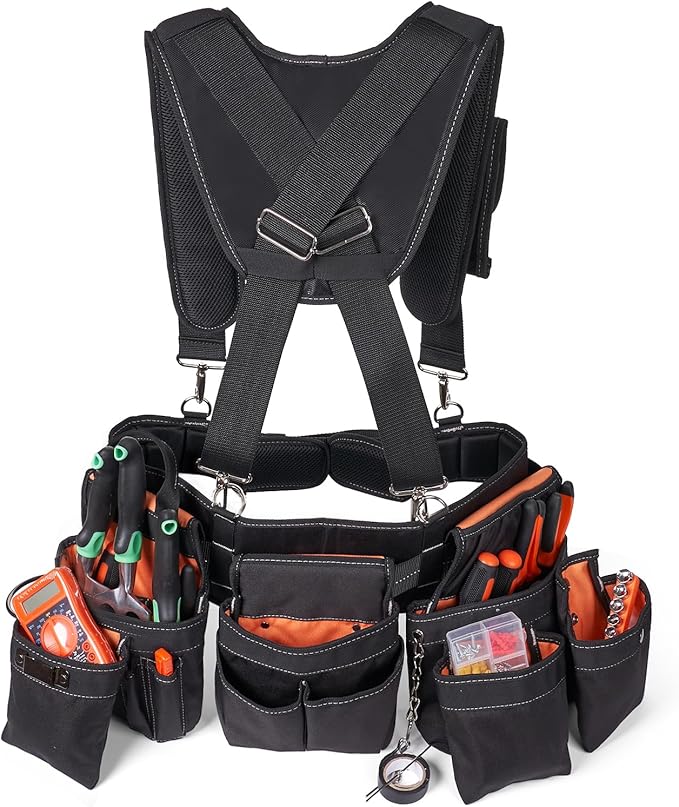 Tool Belt With Suspenders - Tool Belts for Men, 22 Pockets Tool Belt, Heavy Duty Tool Organizer for Framers Carpenter Electrician Construction Woodworker Orange