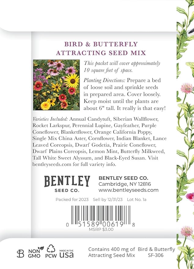 Bentley Seed Co. Thank You - Bird Butterfly Mix Seed Packets - 25 Seed Packs - Perfect Eco-Friendly Gift for Gardeners & Friends - Non GMO Seeds