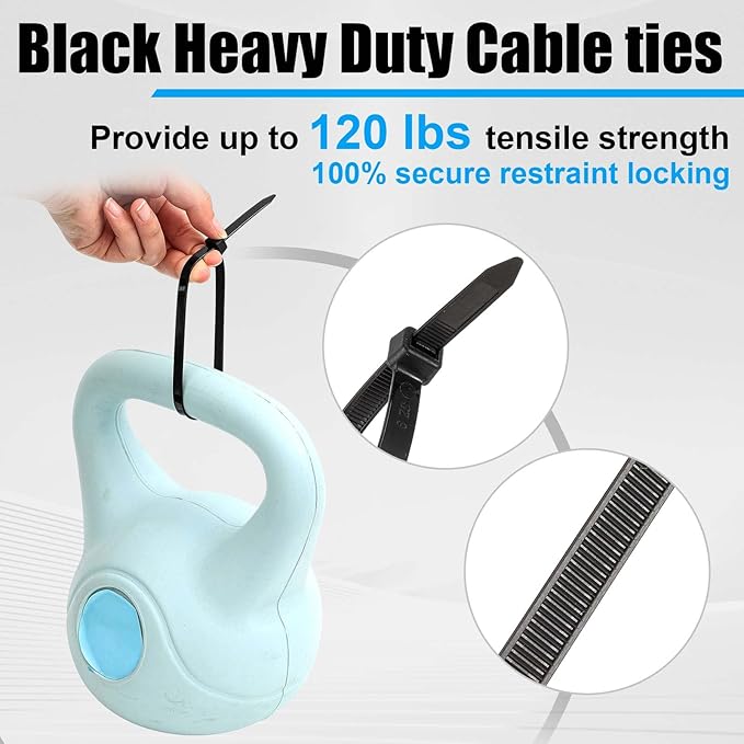 500 Pcs 8 Inch Zip Ties Heavy Duty 120 Lbs Tensile Strength Black Nylon Wire Cable Ties Bulk for Indoor Outdoor