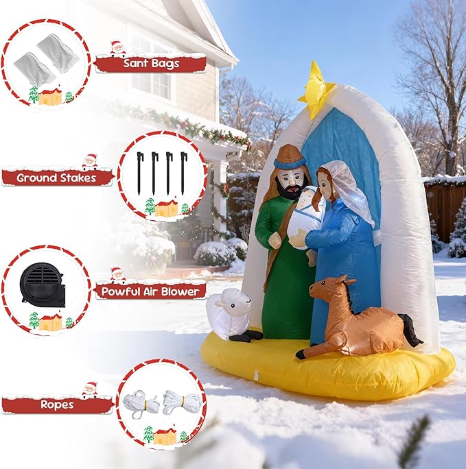 6 Feet Indoor Outdoor Nativity Scene Inflatable Christmas Decor , LED Lights Holiday Garden Yard Lawn Decoration, Xmas Blow up Decoration,Featuring Mary Joseph Baby Jesus with Cute Sheep and Deer