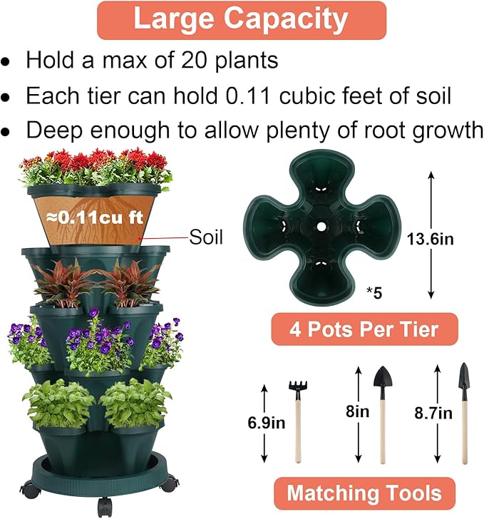 GameXcel Vertical Planter 5 Tier Stackable Planters Garden Planters Strawberry Herb Flower and Vegetable Planter Indoor Outdoor Gardening Pots with Removable Wheels and Tools
