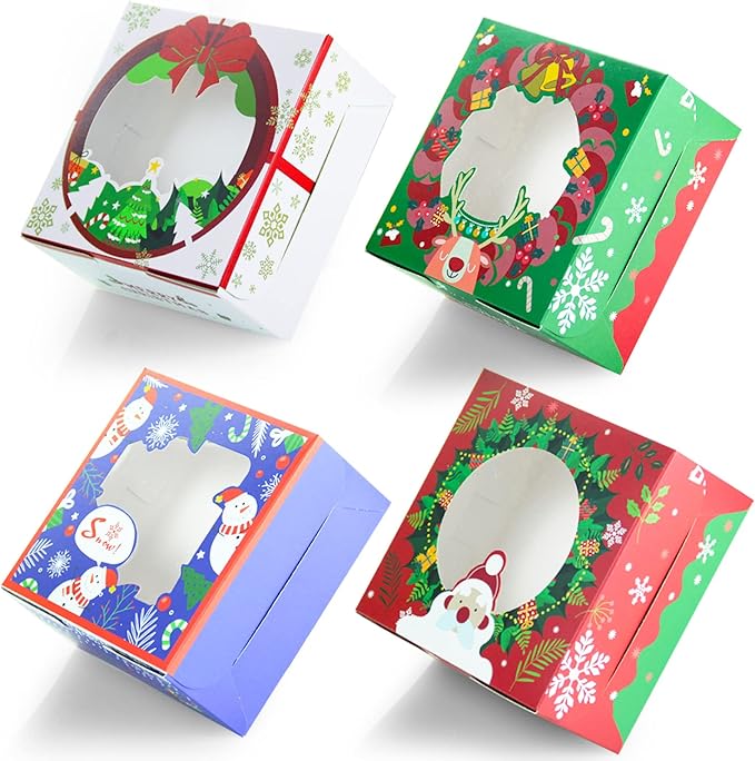 qiqee Christmas Cookie Boxes with Window 100packs 6x6x3 Inch Bakery Box Pastry Box for Christmas