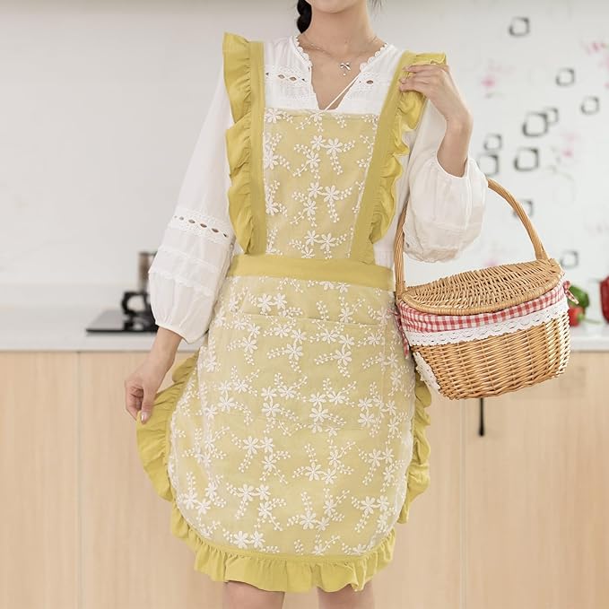 Vintage Pinafore Apron Dress for Women with Pockets Cute Floral Chef Aprons for Kitchen Cooking Baking Gardening