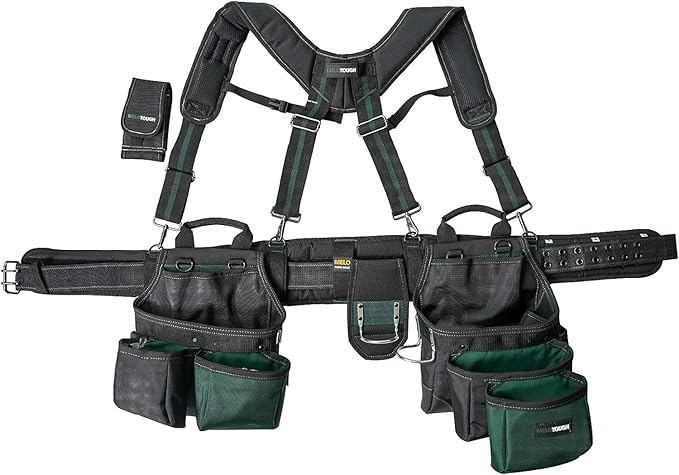 MELOTOUGH 28-Pocket Pro Framer's Combo Apron Tool Belt and Heavy Duty Padded Suspenders with Magnetic Desinger for Technician/Maintenance/Carpenter/and Electrician's Tools(Olive Green)