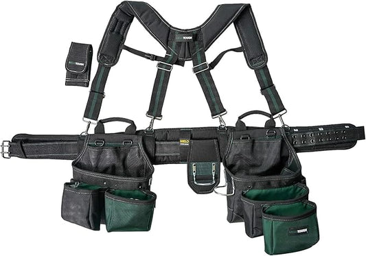 MELOTOUGH 28-Pocket Pro Framer's Combo Apron Tool Belt and Heavy Duty Padded Suspenders with Magnetic Desinger for Technician/Maintenance/Carpenter/and Electrician's Tools(Olive Green)
