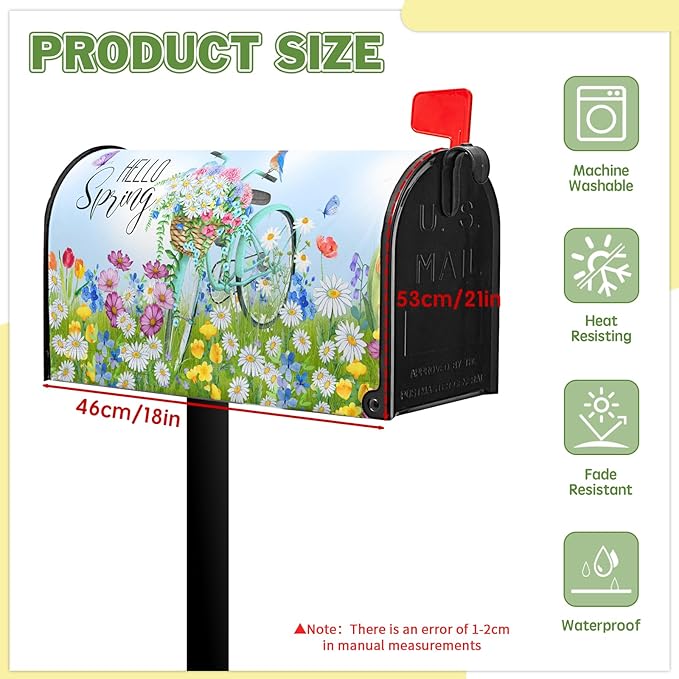 Hello Spring Mailbox Cover - Daisy Mailbox Covers Magnetic Standard Size 21x18 in - Beautiful Floral Bicycle - for Outside Garden Decoration
