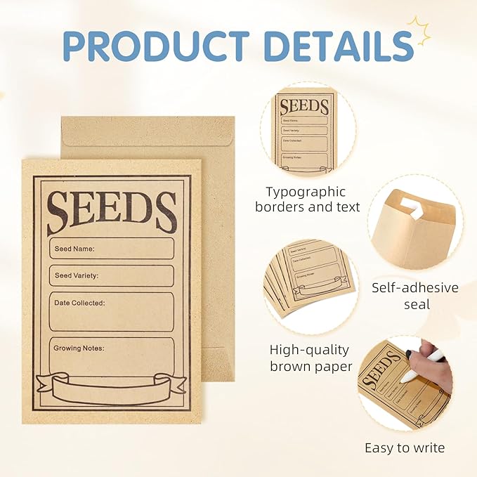 100 Pcs Self Adhesive Seed Envelopes - Resealable Paper Packets for Flower and Vegetable Seeds Storage - Kraft Organizer, 3.1 x 4.7 Inch