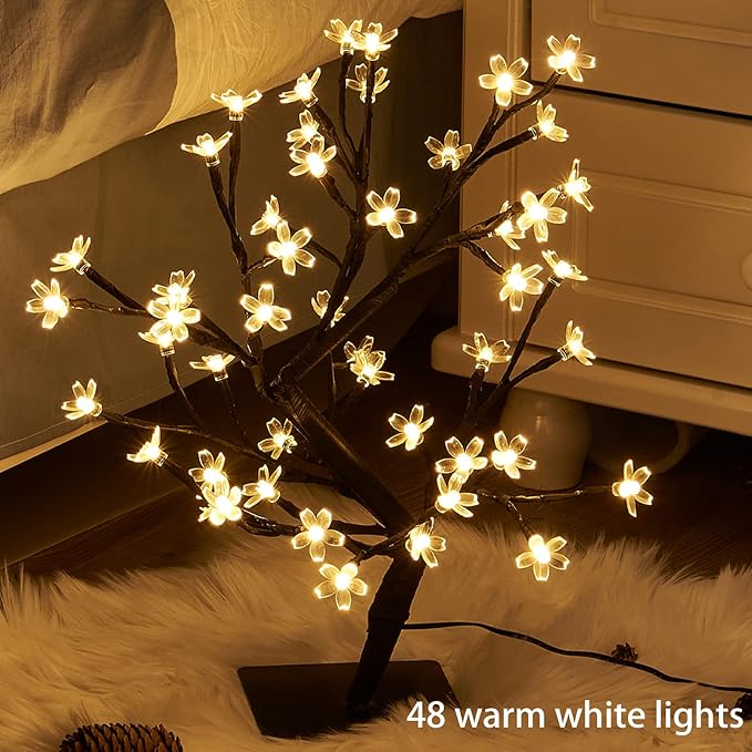 PEIDUO 17.5 Inch Lighted Cherry Blossom Tree, 48 Warm White Lights Plug in Adapter, Light up Bonsai Tree for Christmas Indoor Home Bedroom Living Room, Tabletop Decor Night Light Artificial Tree