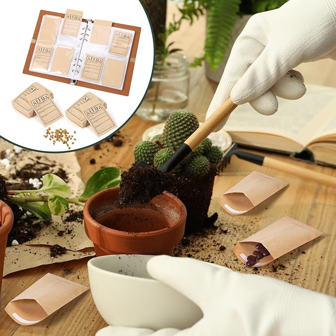 Garden Seed Storage Organizer Binder - 150 Resealable Seed Envelopes Brown Shell with 40 Sheet Protectors for Efficient Seed Packet Organization - Green
