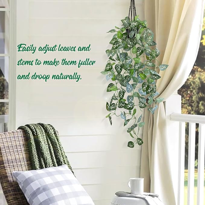 LOYWREE Fake Hanging Plant with Pot, Artificial Potted Fern Plant, 28.7-in Long Faux Hanging Vine Plant for Shelf Home Office Indoor Outdoor Garden Greenery Decor (Black Pot)