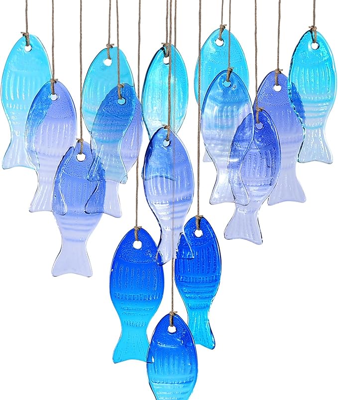 Glass Fish Wind Chimes for Outdoor Patio & Front Yard Decor, Small Unique Suncatcher Windchimes, Handcrafted Gifts for Women, Durable Outside Garden Christmas Decoration Gift