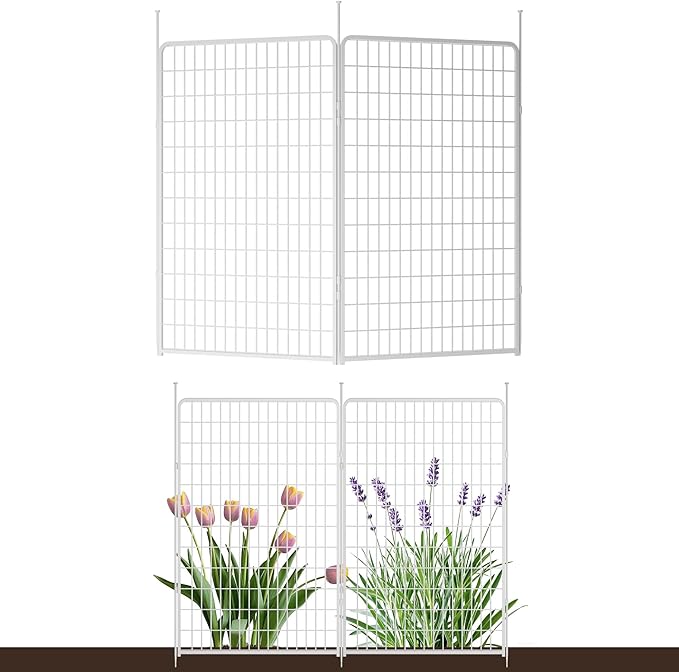 Doorless Garden Fence 50 in(H) x 5.1 ft(L) 2 Panels, Heavy Duty Metal Animal Barrier Fence, No Dig Fence for Dogs, Rabbit Fence for Garden, White