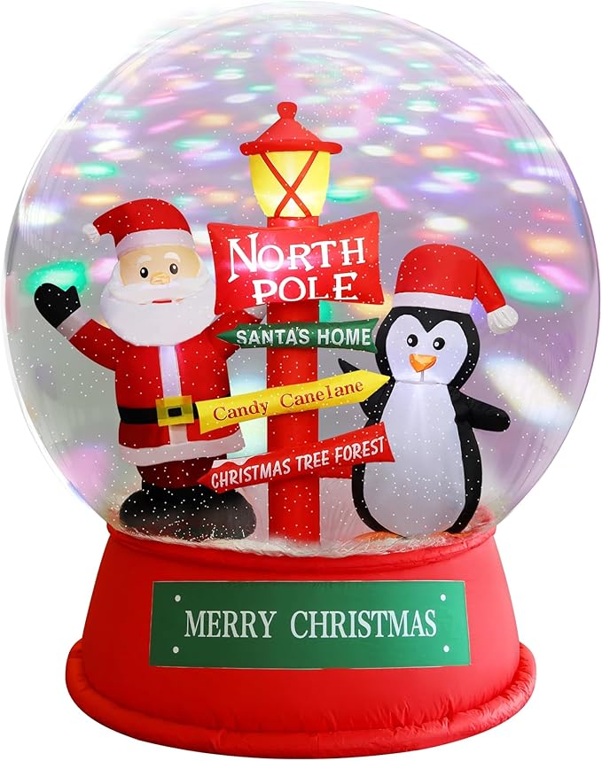 Juegoal Christmas Inflatables Decorations Outdoor, 6FT Inflatable Xmas Snow Globe with Built-in Rotating Lights, Lighted Blow Up Santa & Penguin in Snowing Globe for Holiday Winter Lawn Yard Garden