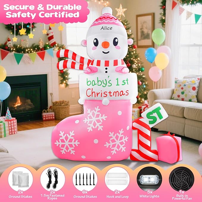 Christmas Inflatable Outdoor Decorations, 6 FT Inflatables Babys First Christmas Stocking Snowman Yard Decor, Built-in LED Light Blow up 1st Xmas DIY Name Ornament for Indoor Outside Lawn Garden(Girl)