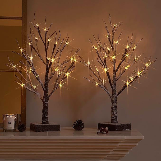 Fudios Lighted Snow Dusted Christmas Tree with Timer Battery Operated 18in Home Decor, Pre lit Artificial Tabletop Snowy Trees with 24 LED for Winter Party