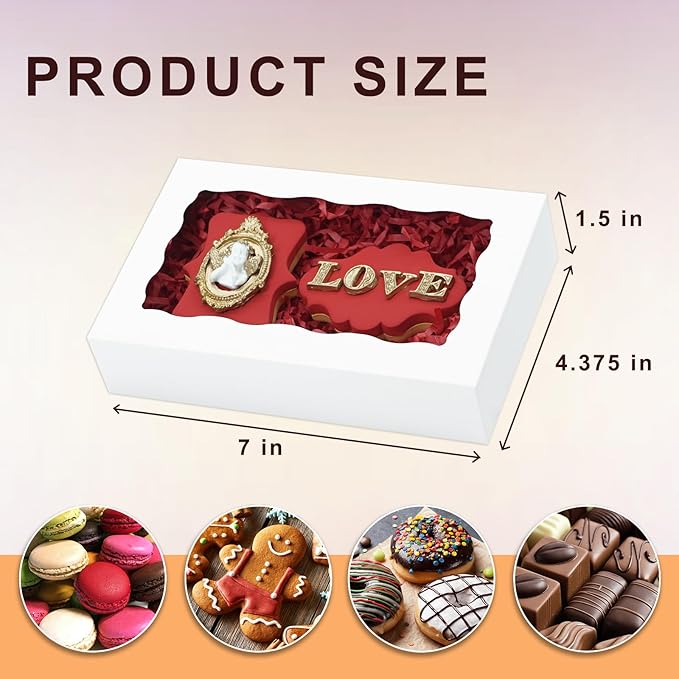 20pcs Cookie Boxes 7" x 4 3/8" x 1 1/2" Inch, Bakery Boxes with window Treat Box Chocolate Covered Strawberries Box for Christmas Valentine's Mother's Day - White
