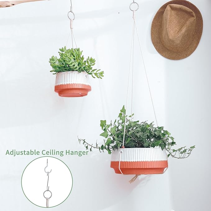 Hanging Ceramic Planters 5.5 + 8.5 Inch Set of 2 with Rope and Hook, Indoor Outdoor Hanging Flower Pots Basket Planter Holder for Home Garden, Aquatic Plants, Without Drainage Hole
