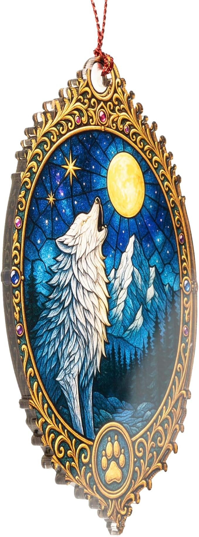 Wolf Ornament – Howling Moon – Night Sky Decor – Animal Spirit Card – Wilderness Gift – Christmas Holiday – Suncatcher Effect Stained Glass Window Hanging – Car Hanging