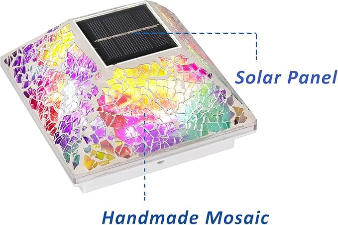SUNNYPARK 2PK Mosaic Solar Post Cap Lights Outdoor for 4x4, 3.5x3.5 Post Crackled Glass Deck Fence Lamp Weatherproof LED Light Decor in Garden, Yard, Outdoor Table, Balcony, Landscape- Multi-Colored
