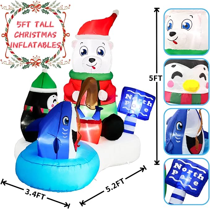 Christmas 5FT Giant Inflatables Outdoor Decorations Polar Bear Fishing with Penguin Blow UpCute Led Lighted Inflatable Yard Decor for Indoor Outside Lawn Garden Winter Xmas Holiday Vacation