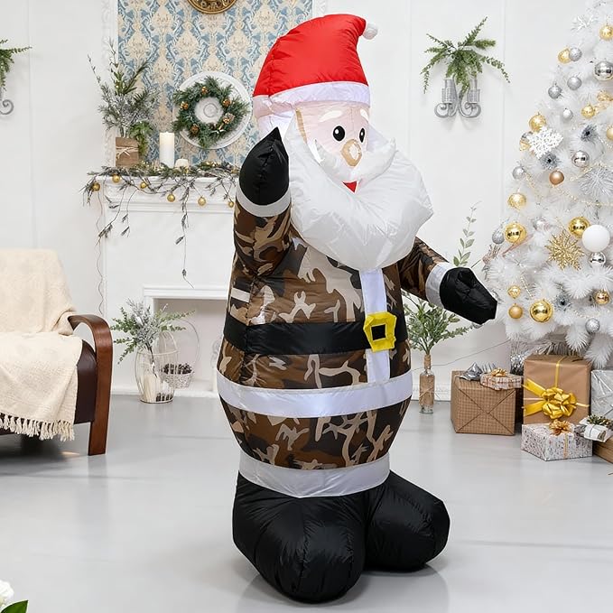 4FT Inflatable Camouflage Santa Claus Decor,with LED Lights Christmas Blow up Decorations Indoor Outdoor ,Xmas Inflatable Holiday Decor, Garden Yard Lawn Ornament Perfect for Festive Celebrations