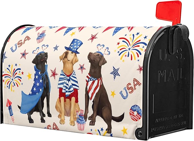 25.5"x21" Patriotic Dogs Mailbox Cover Magnetic 4th of July Puppy Waterproof Mailbox Wrap Independence Day USA Stars Letter Post Cover Large Size for Garden Yard Outdoor Decor