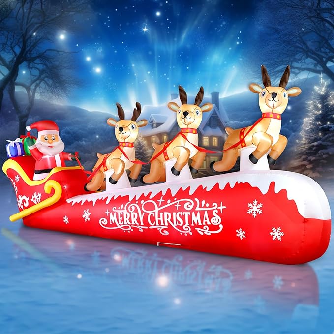 FunFanso 12FT Christmas Inflatable Santa Claus on Sleigh with 3 Reindeers Outdoor Decorations, Giant Christmas Blow Up Yard Decorations with Bright LED Lights for Lawn Street Garden Xmas Holiday Party