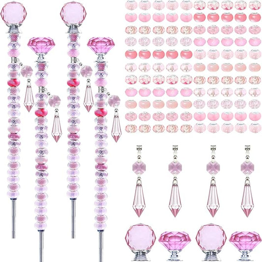 Exway 100 PCS DIY Fairy Wand Beaded Garden Stake Beads Kits with Pink Large Hole Beads 4 Crystal Stopper Top Threaded Rods and 4 pink Sparkling Crystal Pendants for outdoor indoor Decor
