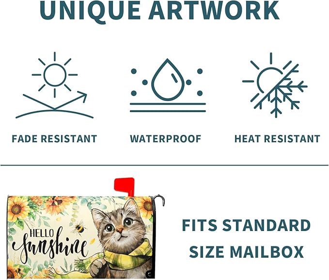Hello Sunshine Cat Magnetic Mailbox Cover for Garden Yard, Summer Sunflowers Bee Kitten Waterproof Mailbox Wrap Post Cover for Outdoor Outside Patio Decor, Large Size 25.5x21 Inch