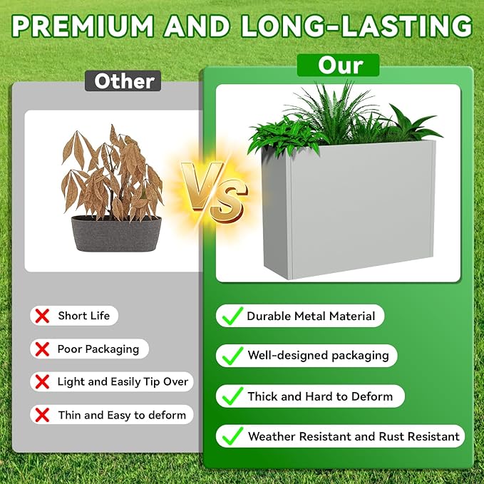 Metal Planter, 30L x 10W x 24H, Heavy Duty Tall Planters for Outdoor Plants, Planters with Removable Insert Shelf, Large Planters with Drainage Holes for Porch, Patio and Yard, Grey