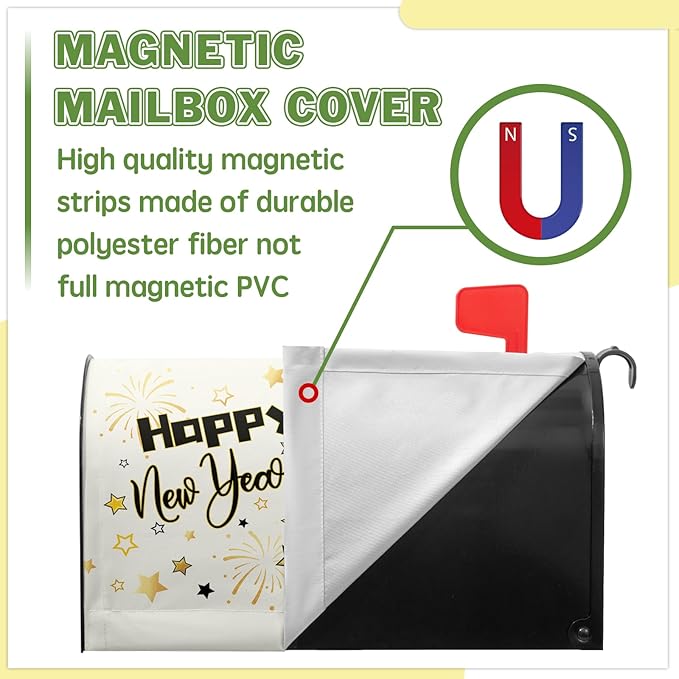 Happy New Year Mailbox Covers Magnetic Standard Size 21x18 Inch Dwarf Black Gold Decorations Mailbox Cover for Outdoor Garden Yard Decor