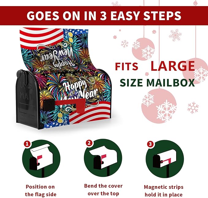 Happy New Year Mailbox Cover New Year Eve Magnetic Mailbox Covers Large Size American Flag Fireworks Balloon Post Letter Box Wrap for Holiday Celebration Party Outdoor Oversized 25.5 X 21 Inch