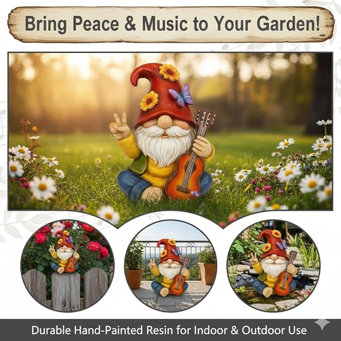 Peace Sign Garden Gnome Figurine Outdoor Statue, Funny Guitar Playing Dwarf Rock Music Decor - 6‘’ Resin Lawn Ornament, Unique Housewarming Gift for Music Lovers & Gardeners (Red)
