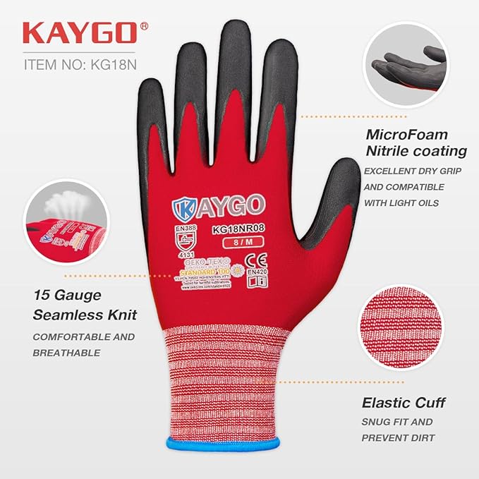 KAYGO Safety Work Gloves MicroFoam Nitrile Coated-3 Pairs, KG18NB,Seamless Knit Nylon Glove with Black Micro-Foam Nitrile Grip,Ideal for General Purpose,Automotive,Home Improvement,Red large