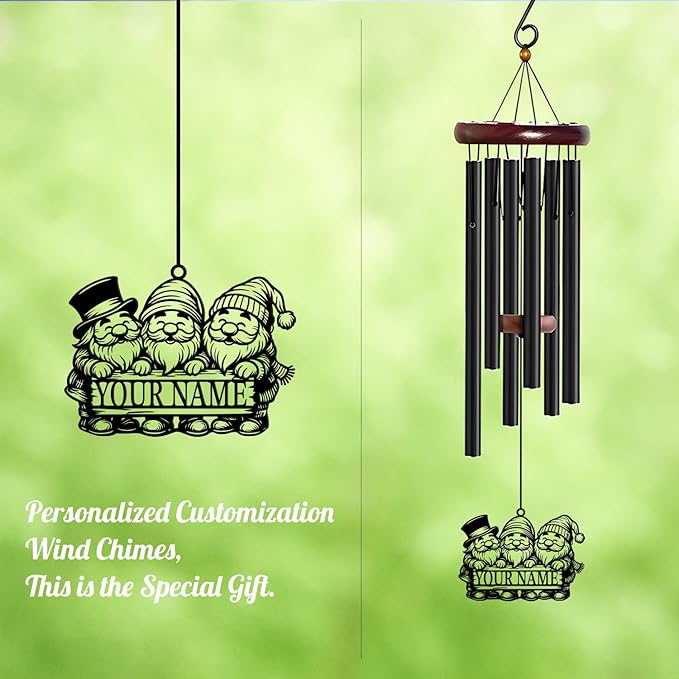Personalized Customize Name Gnome Wind Chime, Metal Iron 37 Inch Outdoor Memorial Gift for Garden Yard Patio Home Decor, Black，Christmas (Style J)
