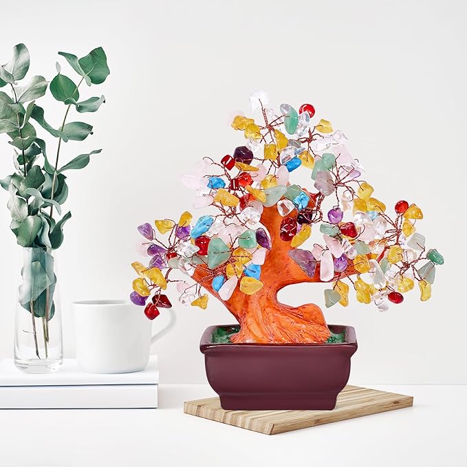 Feng Shui Quartz Crystal Money Tree Bonsai Style Decoration for Luck and Wealth (Multicolor)