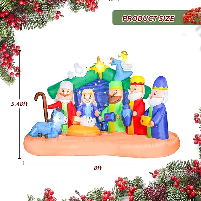 8 FT Christmas Inflatables Nativity Scene, Blow Up Christmas Nativity Scene, LED Lighted The Birth of Jesus Scene Inflatables Decor, Christmas Outdoor Inflatable Decorations for Xmas Yard Garden Décor