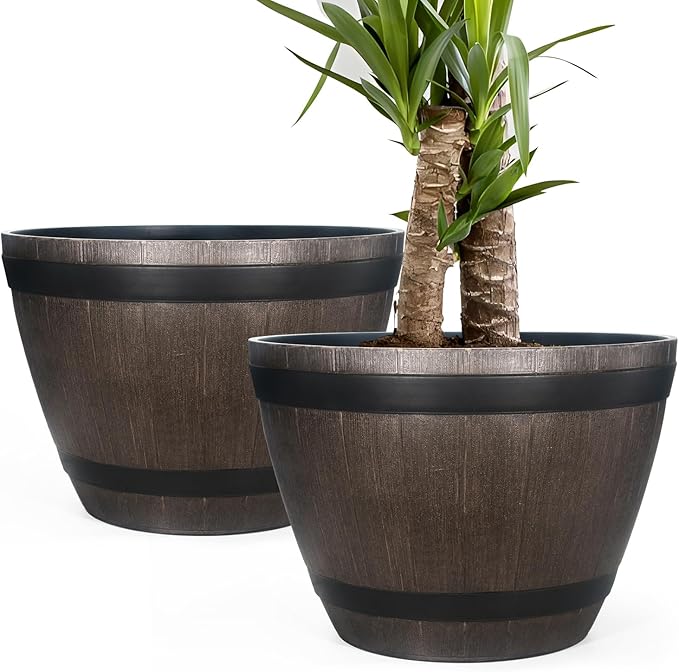 GameXcel Large Whiskey Barrel Planter for Outdoor Plants - Flower Pots Garden Wine Barrel Planter Outdoor - 21" D x 15" H