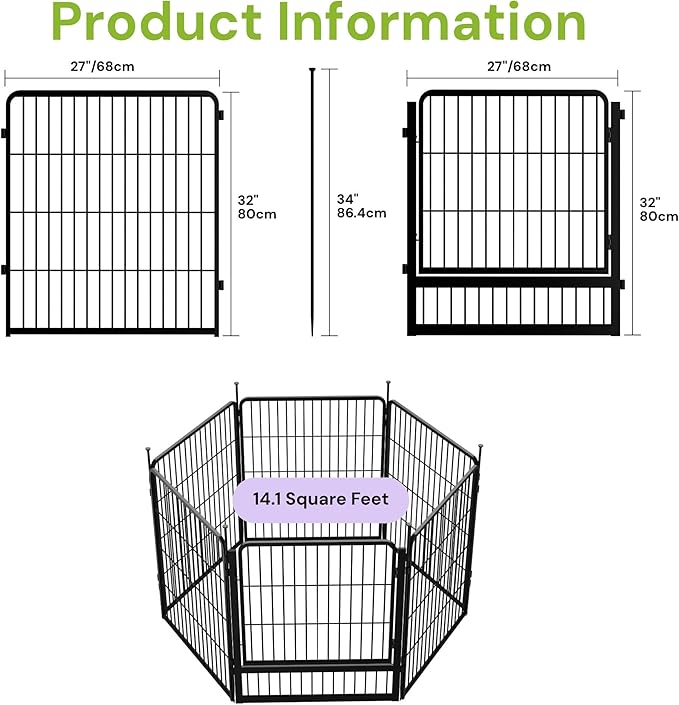 SunsGrove Garden Fence with Gate, 32 in(H) x 13.4 ft(L) 6 Panels Heavy Duty Metal Animal Barrier Fence for Yard, Suitable for Indoor or Outdoor Dog Pet Fence, Garden Fence Border, Black