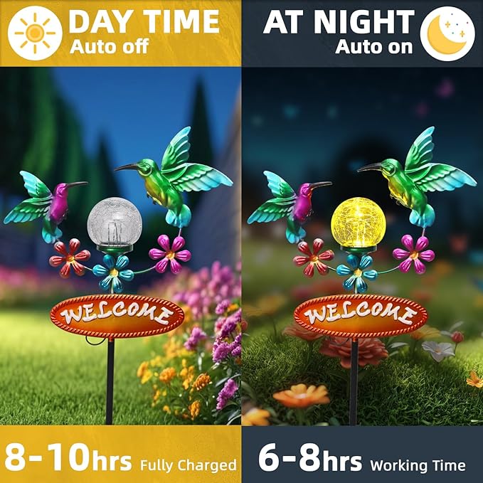 Solar Garden Stakes Metal Welcome Signs for Outside 29.7', 2 Flying Hummingbirds with Cracked Glass Ball,Decorative Garden Stakes for Lawn, Patio, Hummingbird Gifts for Women