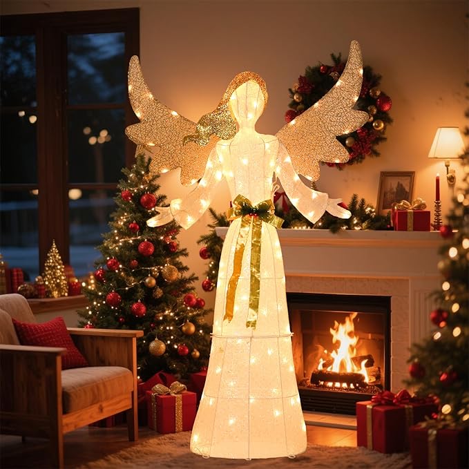 5 FT Christmas Angel Outdoor Decorations, 3D Pre-lit Glittered Angel with Bow and Ground Stakes Collapsible Winged Christmas Angel for Indoor Outdoor Garden Yard Lawn Holiday Display