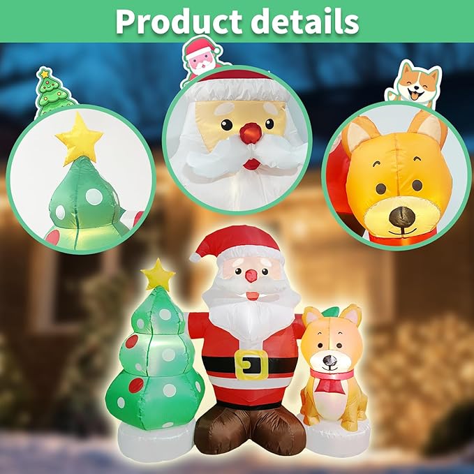 5FT Christmas Inflatable Santa Set with Dog & Tree Blow up Lighted Yard Decoration Suitable for Christmas Indoor Outdoor Xmas Yard Party Holiday Garden Decor