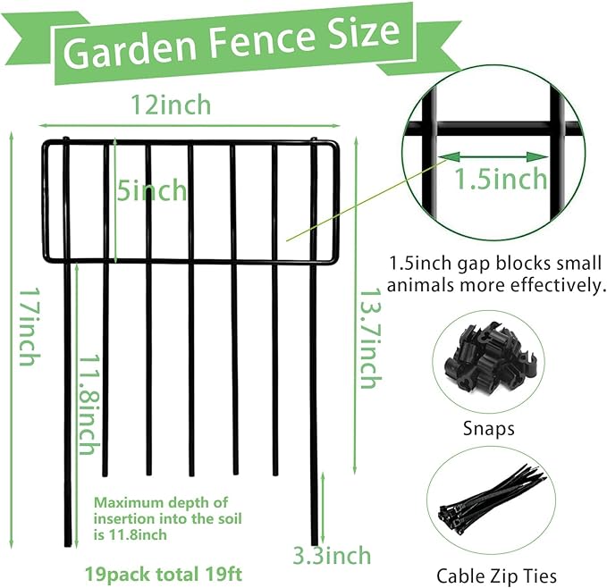 Animal Barrier, 19 Pack No Dig Decorative Fences, 17in(H) x19ft(L) Rustproof Metal Wire Small Garden Fence Border for Dogs Rabbits