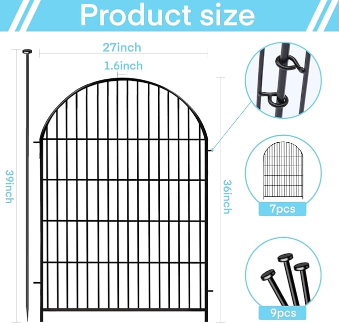 Garden Fence Border, 36 in(H) x17.5 Ft(L) 8 Panels, Tall Garden Animal Barrier Fence with Gate, Dog Fence Outdoor for Yard, Arched Rustproof Metal No Dig Fence, Flower Bed Fencing